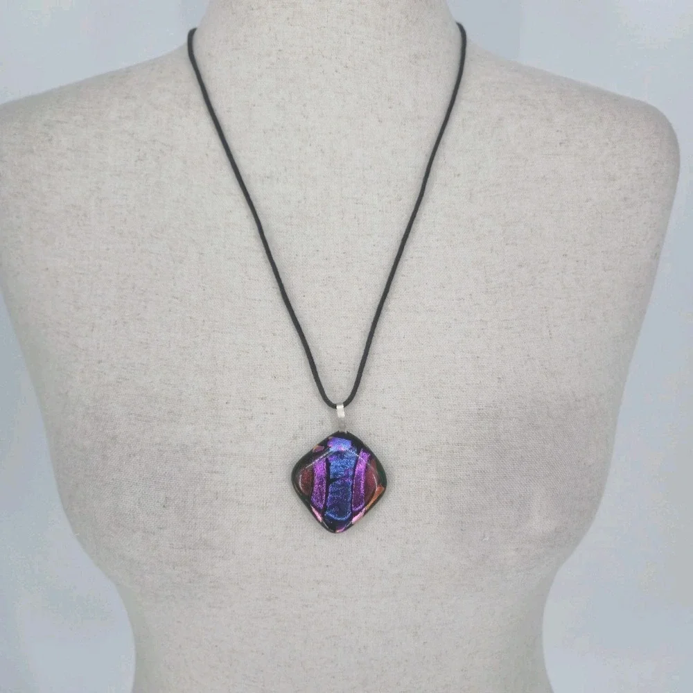 Dichroic Fused Glass Pendant Necklace Black Cord Purple Blue Artisan Jewelry